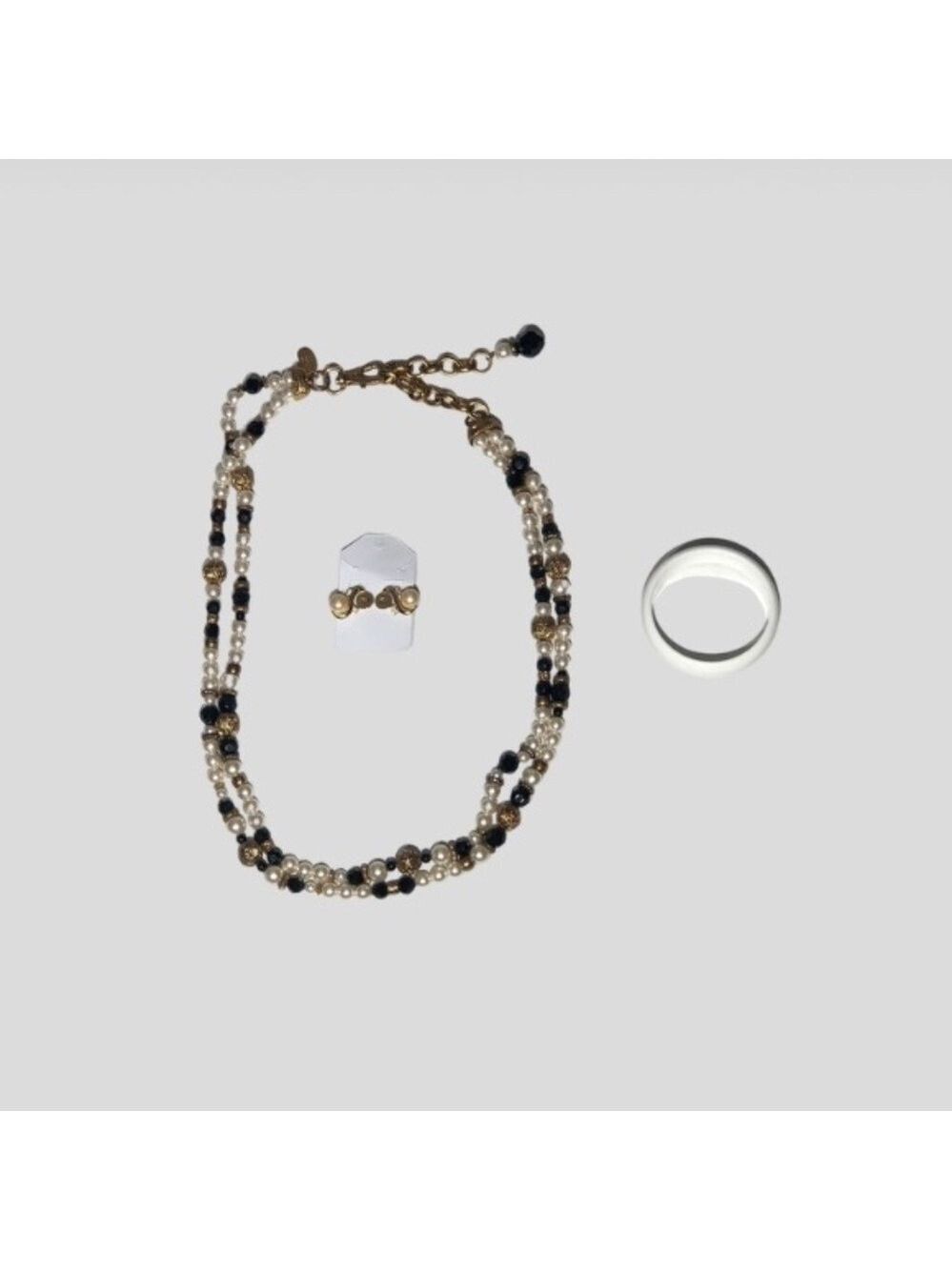 Vintage Beaded Pearl Multi Strand Necklace Earring Ring Set